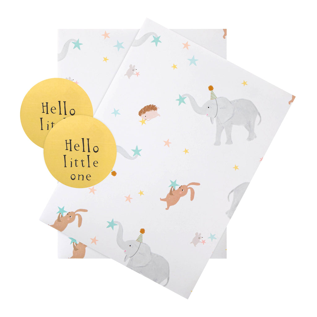 New Baby Wrapping Paper & Gift Tag Pack - Cute Animals Design