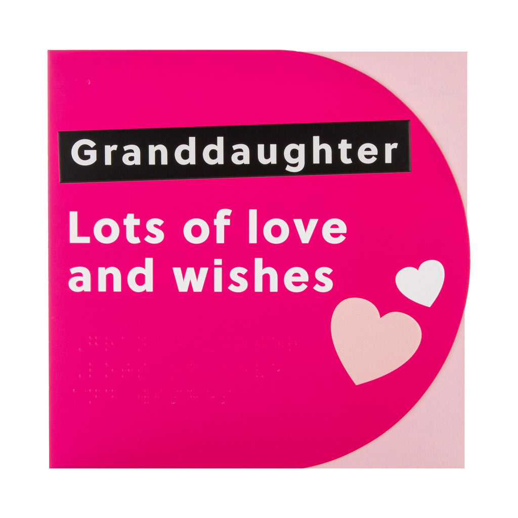 Birthday Card for Granddaughter - RNIB Pink Hearts with Braille Design