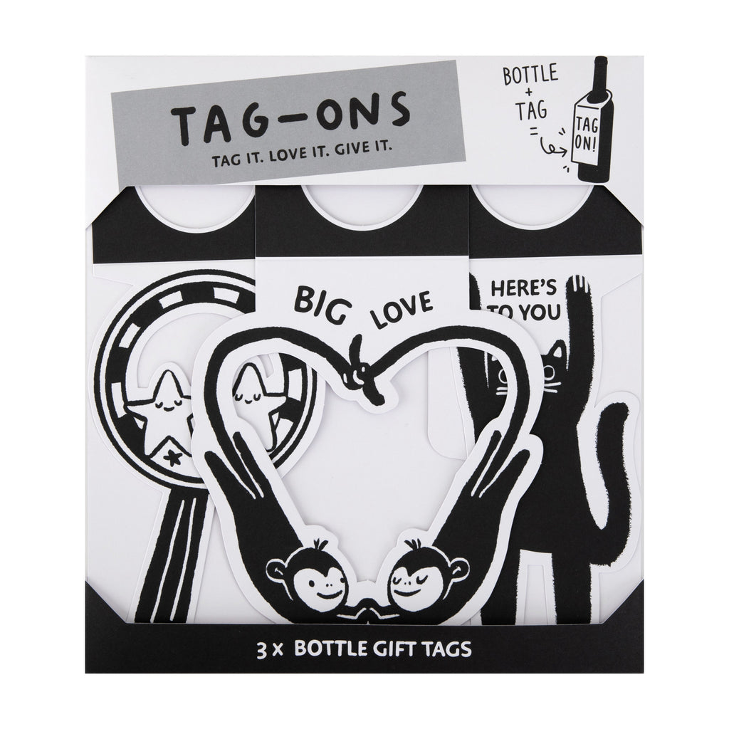 Tag-Ons Bottle Gift Tags Pack of 3 - Monochrome Cartoon Characters Design