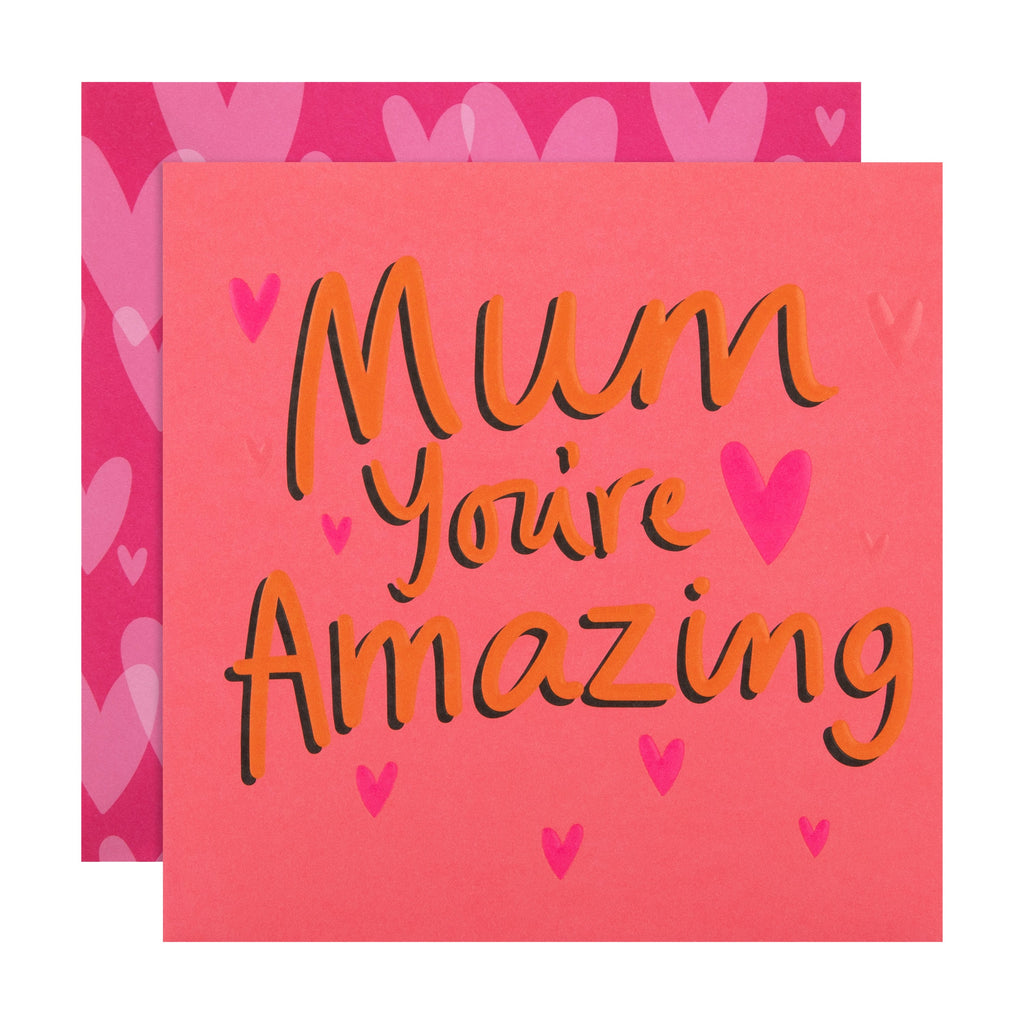 Mother's Day Card for Mum - Pink Hearts & Word Art Design