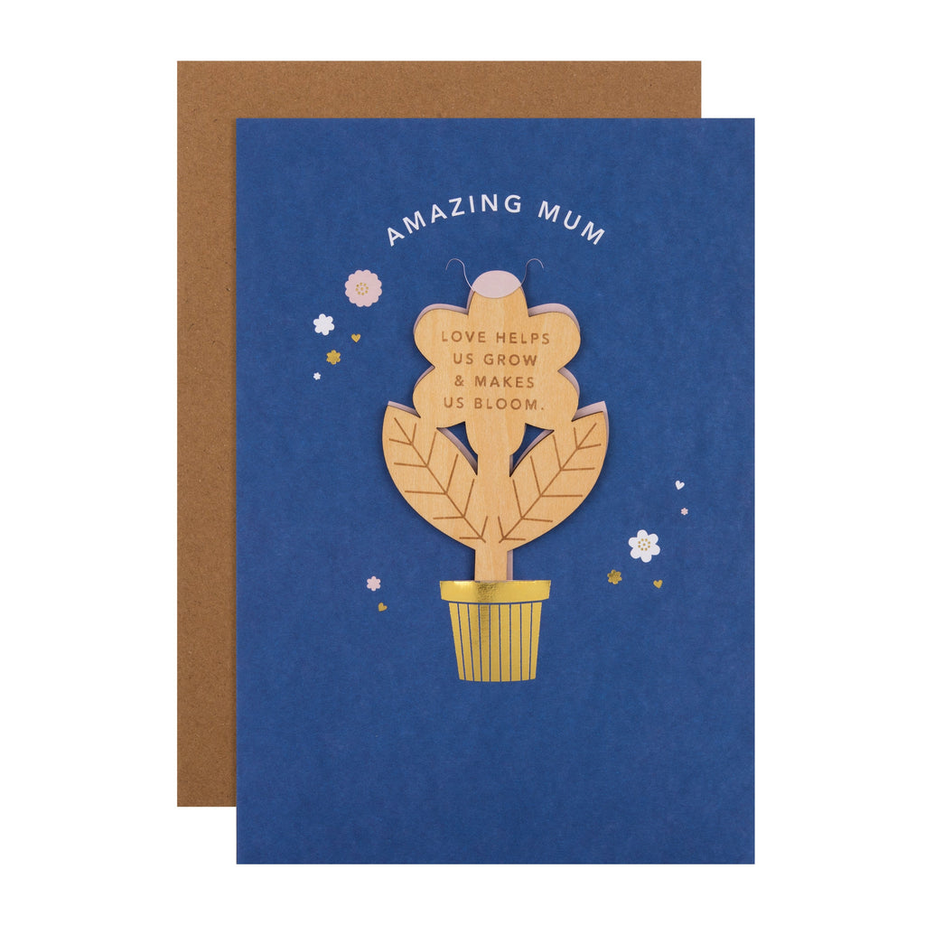 Mother's Day Card for Mum - Blue Design with Detachable Plant Pot Keepsake