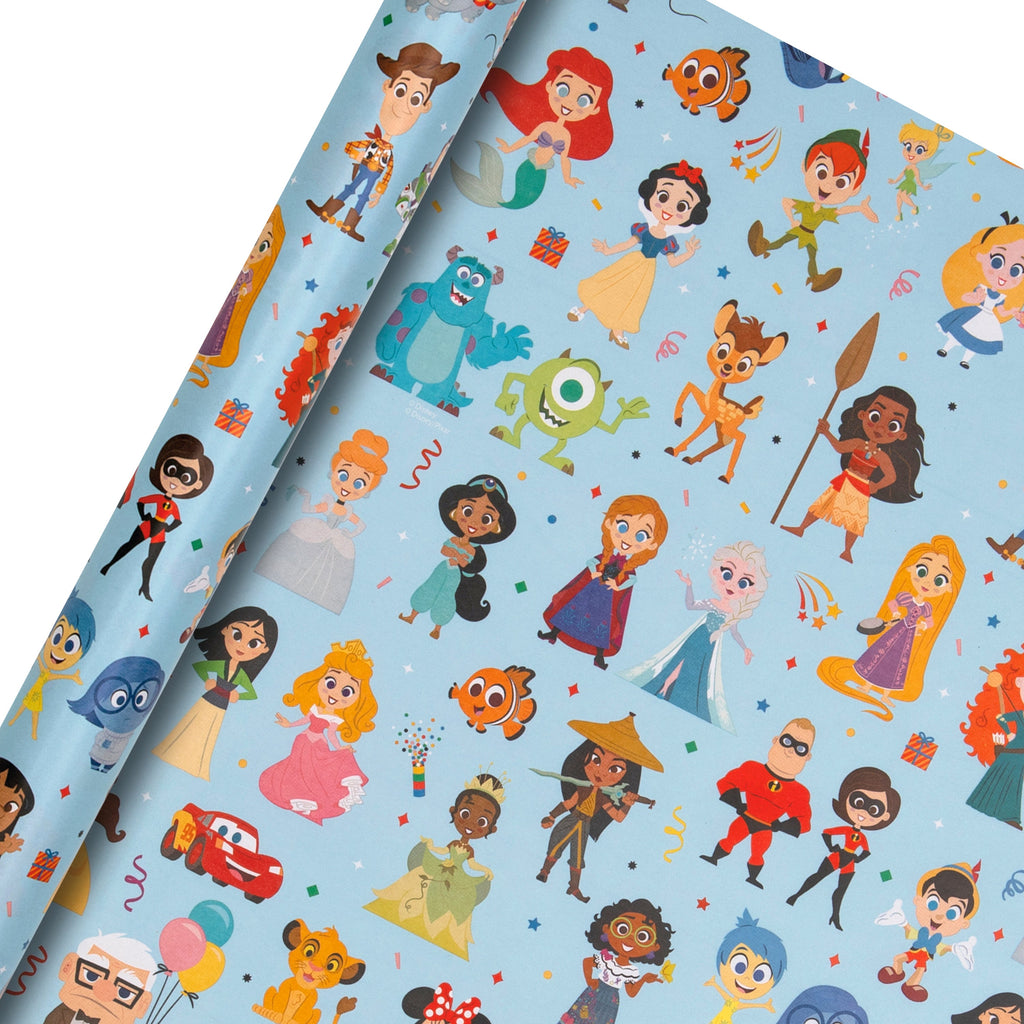 6M Wrapping Paper Pack - 3 x 2M Rolls in Blue Disney 100 Design with Characters