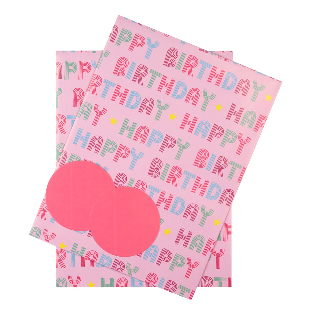 Birthday Wrapping Paper and Gift Tag Duo Pack - Happy Birthday Text Design (Pink)