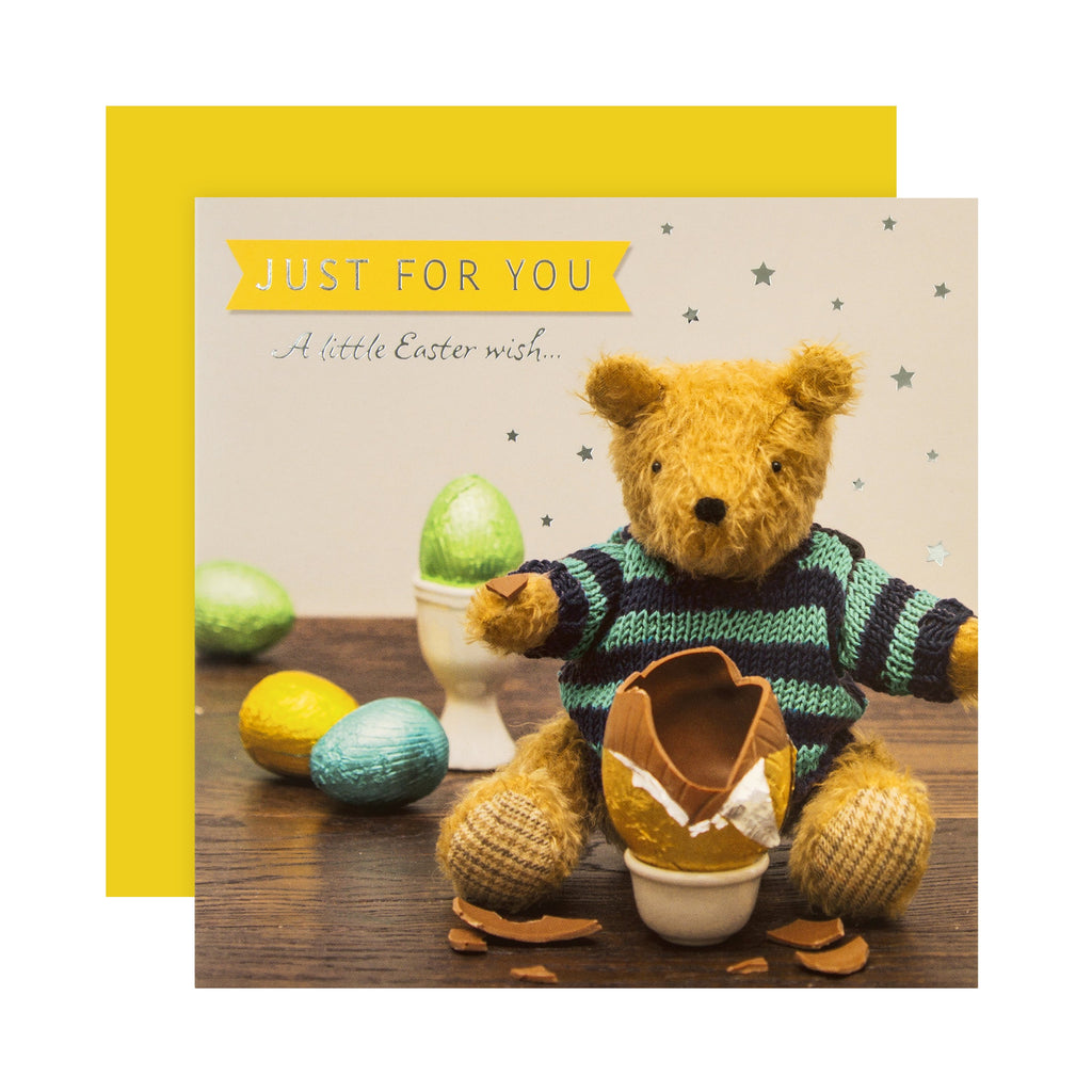 Easter Card for Someone Special - Cute Bear and Chocolate Eggs Design with Silver Foil