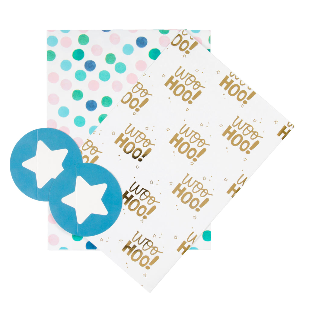 Multi-Occasion Wrapping Paper and Gift Tag Duo Pack - Polka Dots and Foil Text