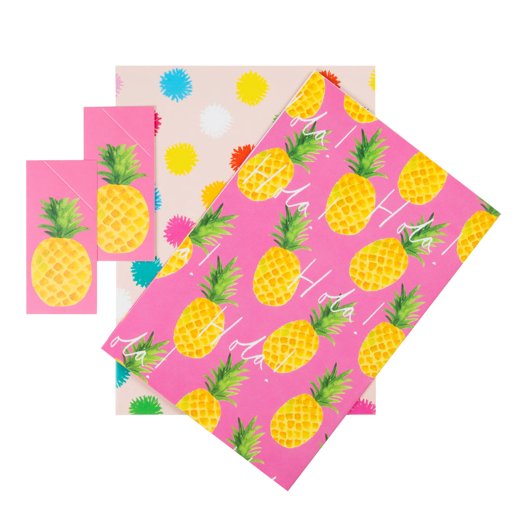 Multi-Occasion Wrapping Paper and Gift Tag Duo Pack - Pineapples and Pom-poms