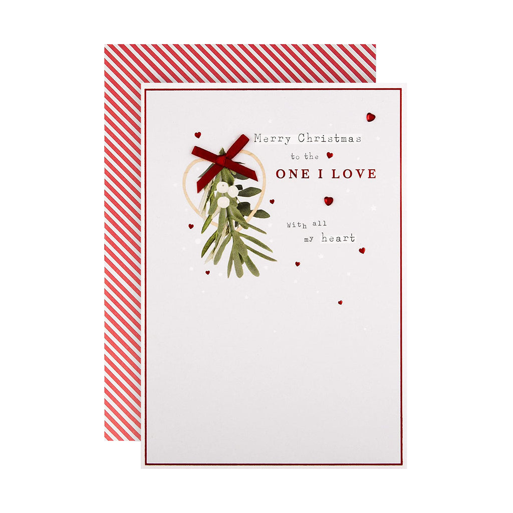 Christmas Card for The One I Love  - Embossed Mistletoe and Hearts Design