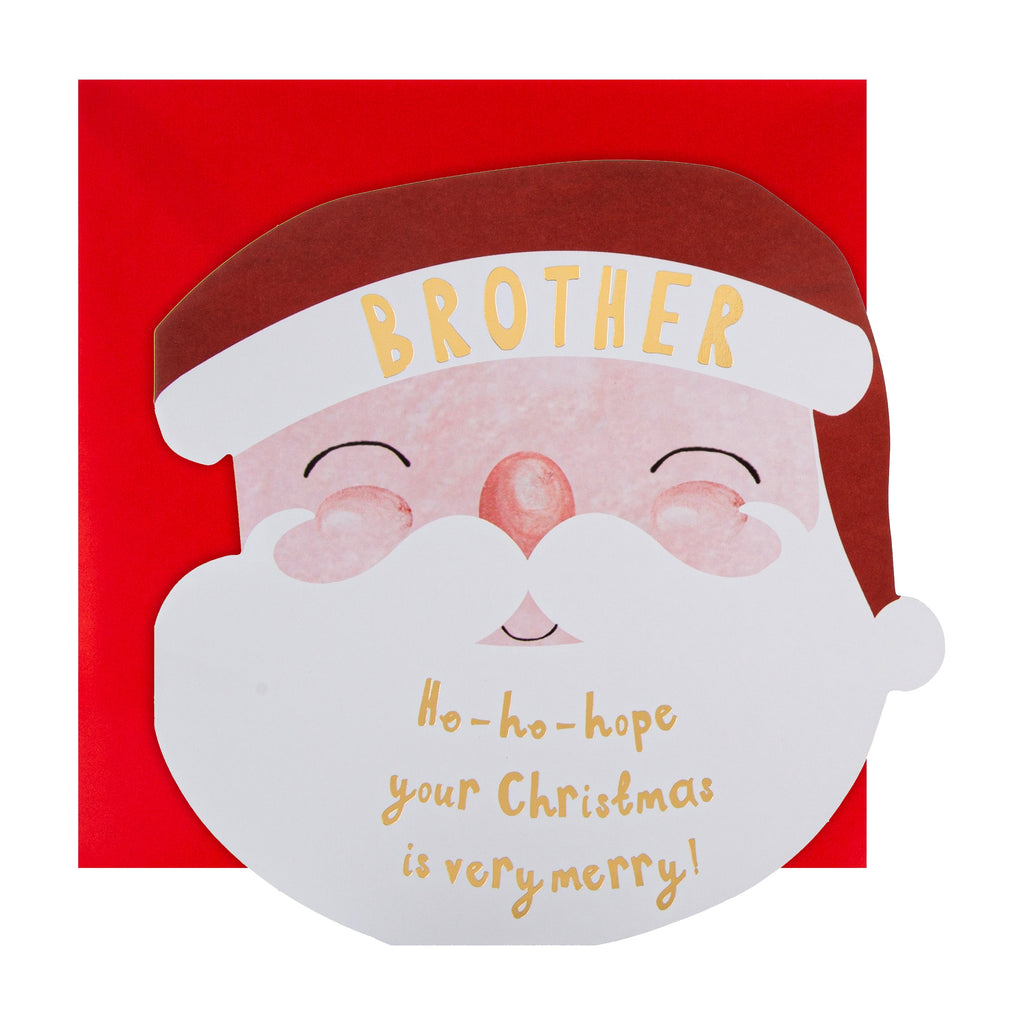 Christmas Card for Brother - Fun Die Cut Santa Design with Gold Foil