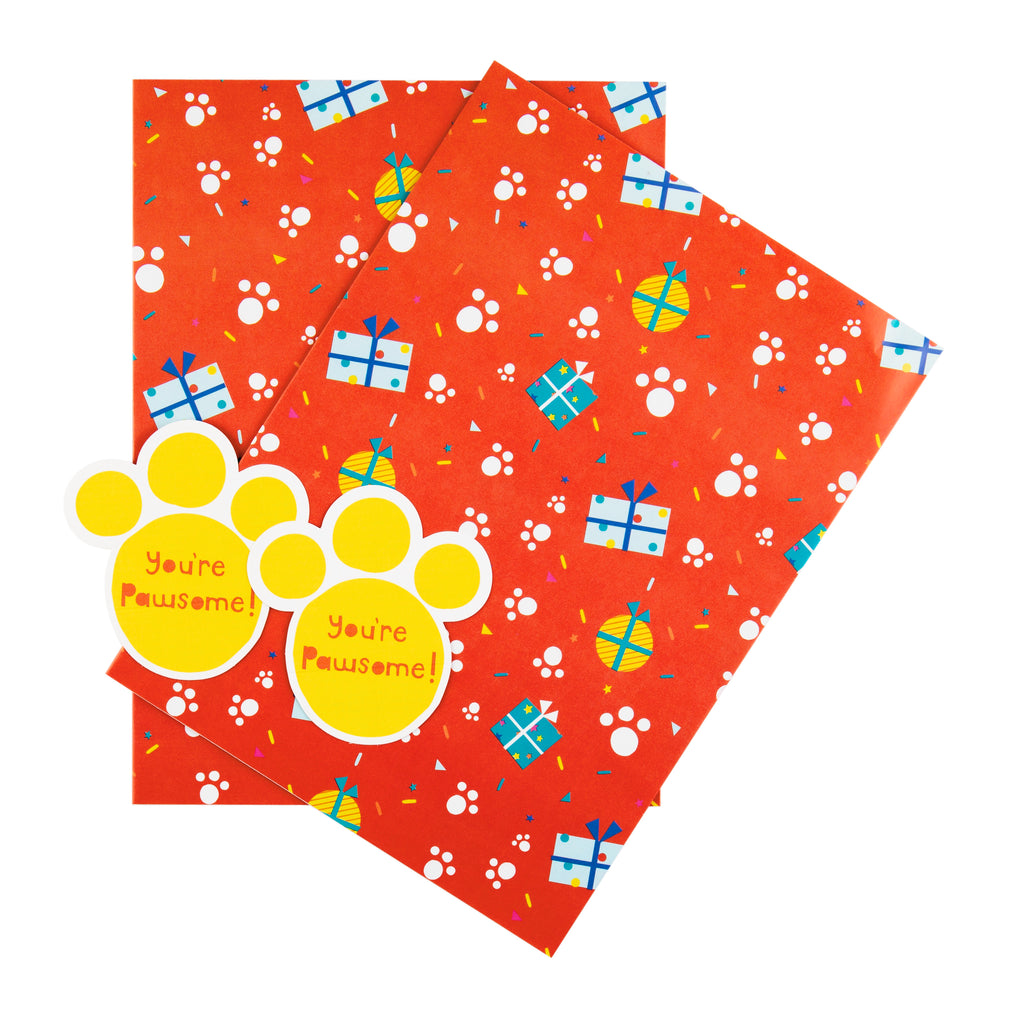 Pet Themed Wrapping Paper and Gift Tag Duo Pack - Paw Print Design