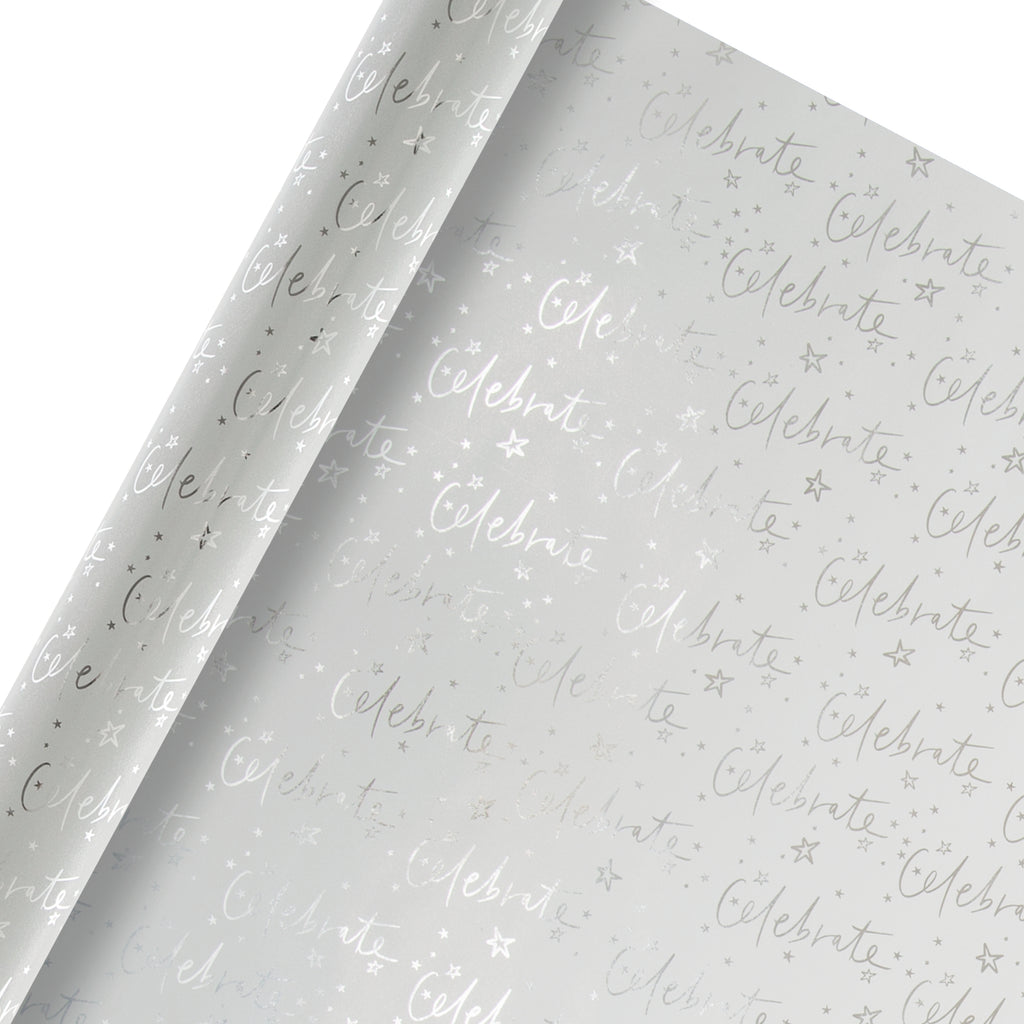 2m Roll of Multi-Occasion Wrapping Paper - Contemporary Silver-Foiled Text Design