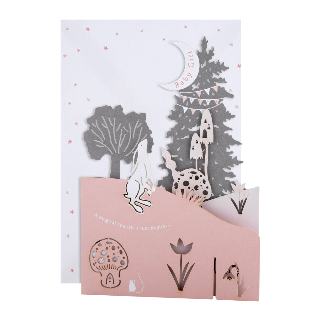 New Baby Girl Card - 3D Pink Nature Scene Design
