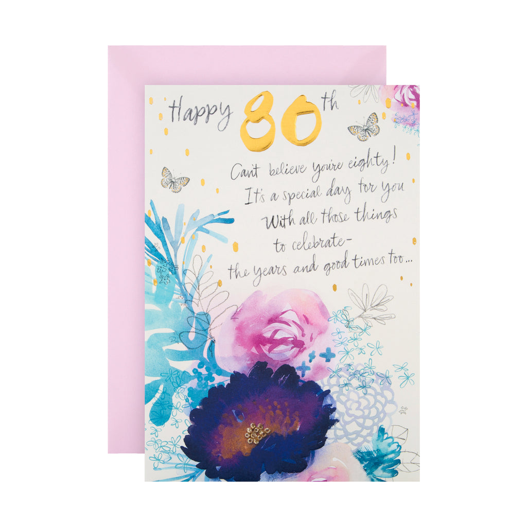 80th Birthday Card - Embossed Floral Design