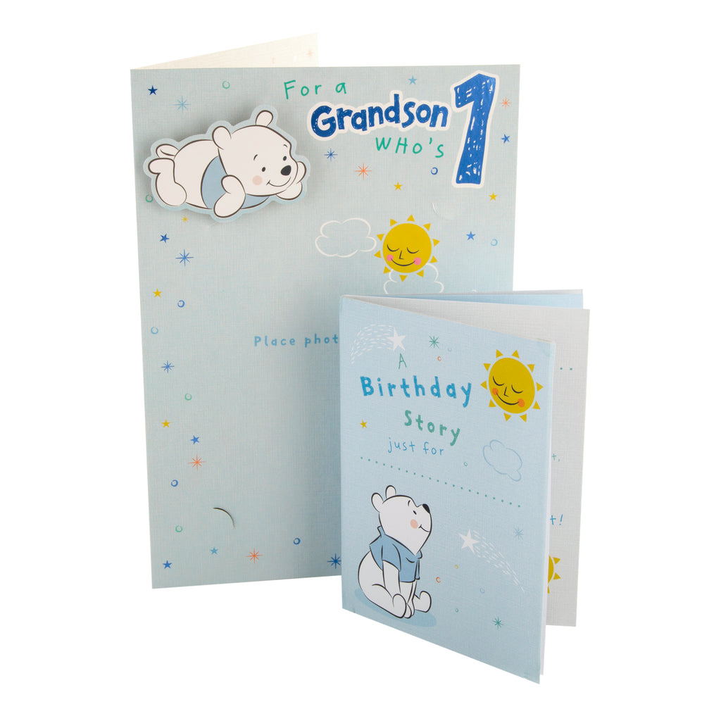 1st Birthday Card for Grandson - Cute Disney Winnie-the-Pooh Design with Keepsake Booklet