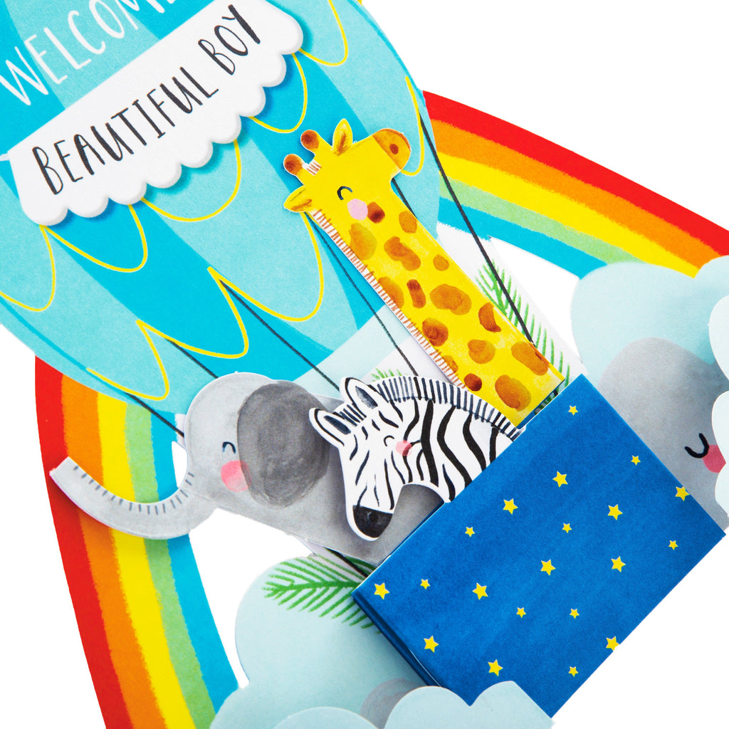New Baby Boy Congratulations Card - Cute 3D Pop-out Hot Air Balloon Design