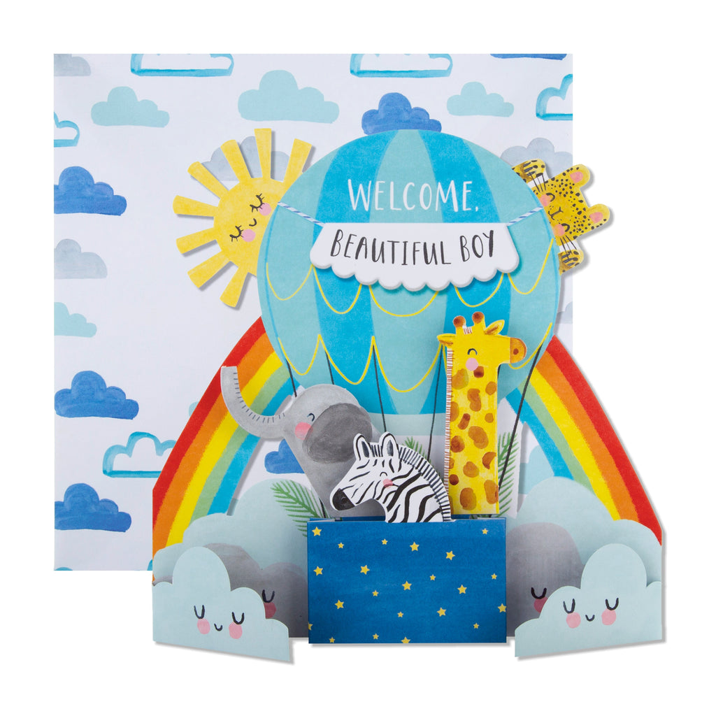New Baby Boy Congratulations Card - Cute 3D Pop-out Hot Air Balloon Design