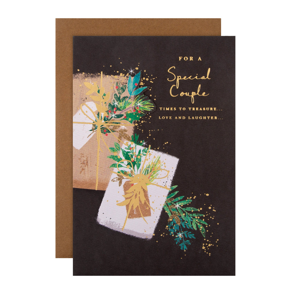 Christmas Card for Special Couple - Traditional Parcel Design with 3D Add On and Gold Foil