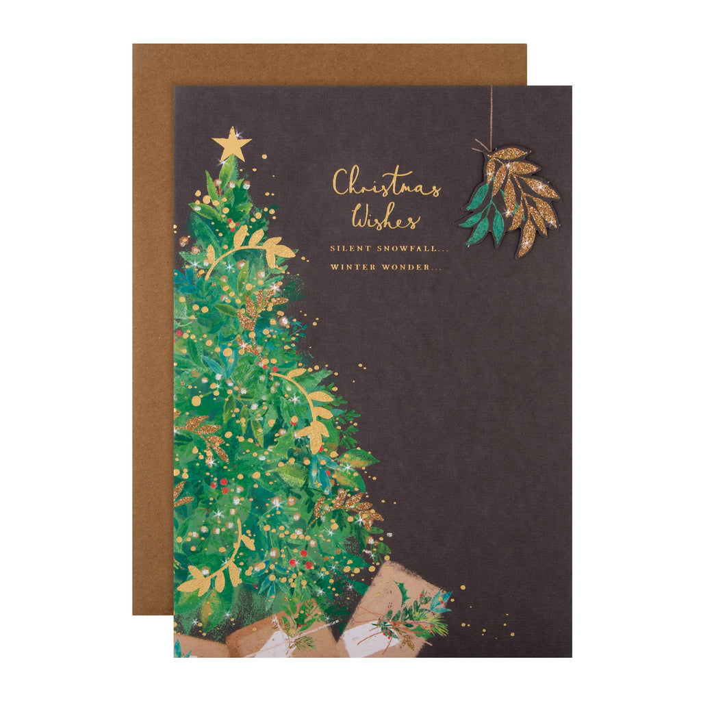 General Christmas Card - Classic Mistletoe and Tree Design with Gold Foil and 3D Add On