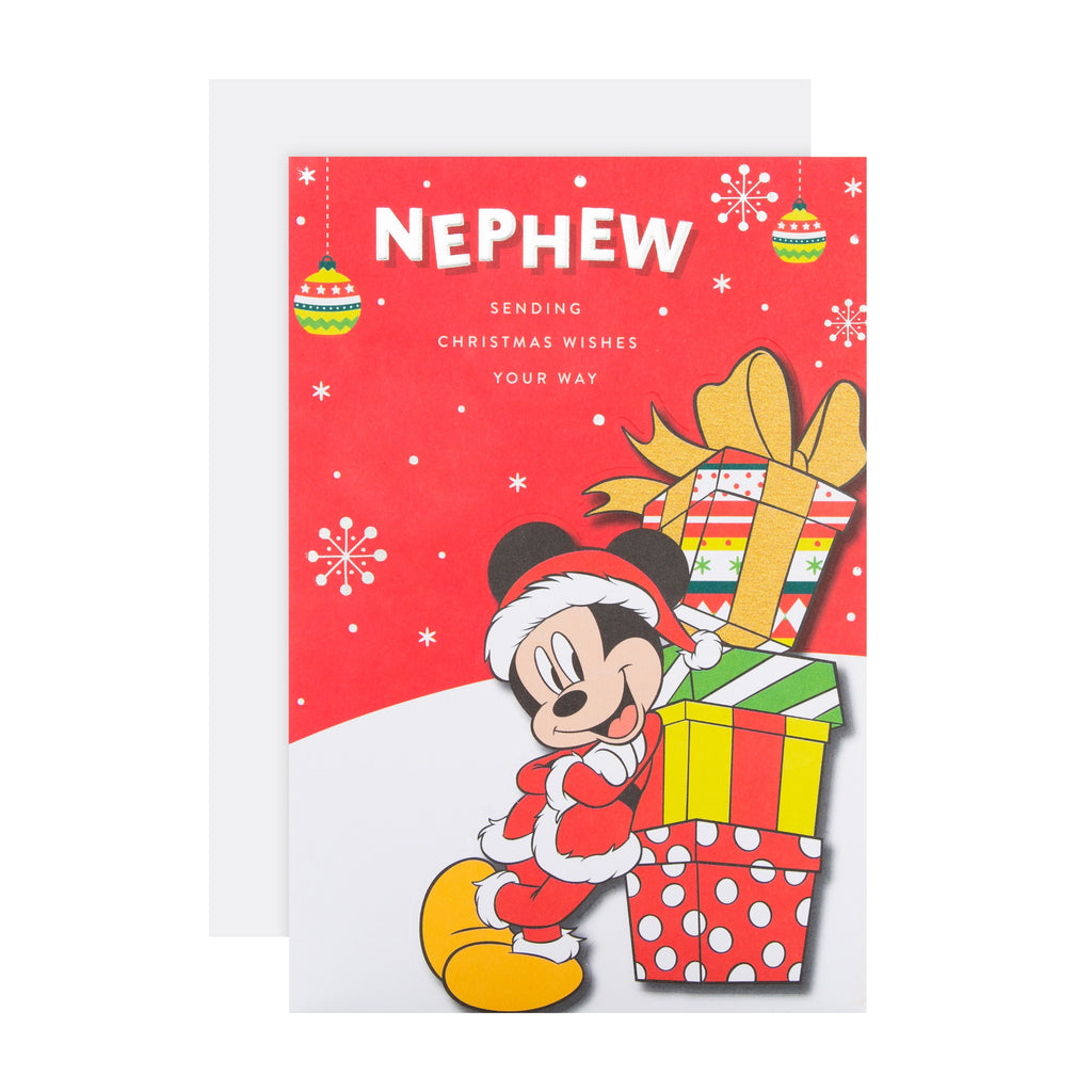Christmas Card for Nephew - Fun Disney Mickey Mouse Design with Silver Foil