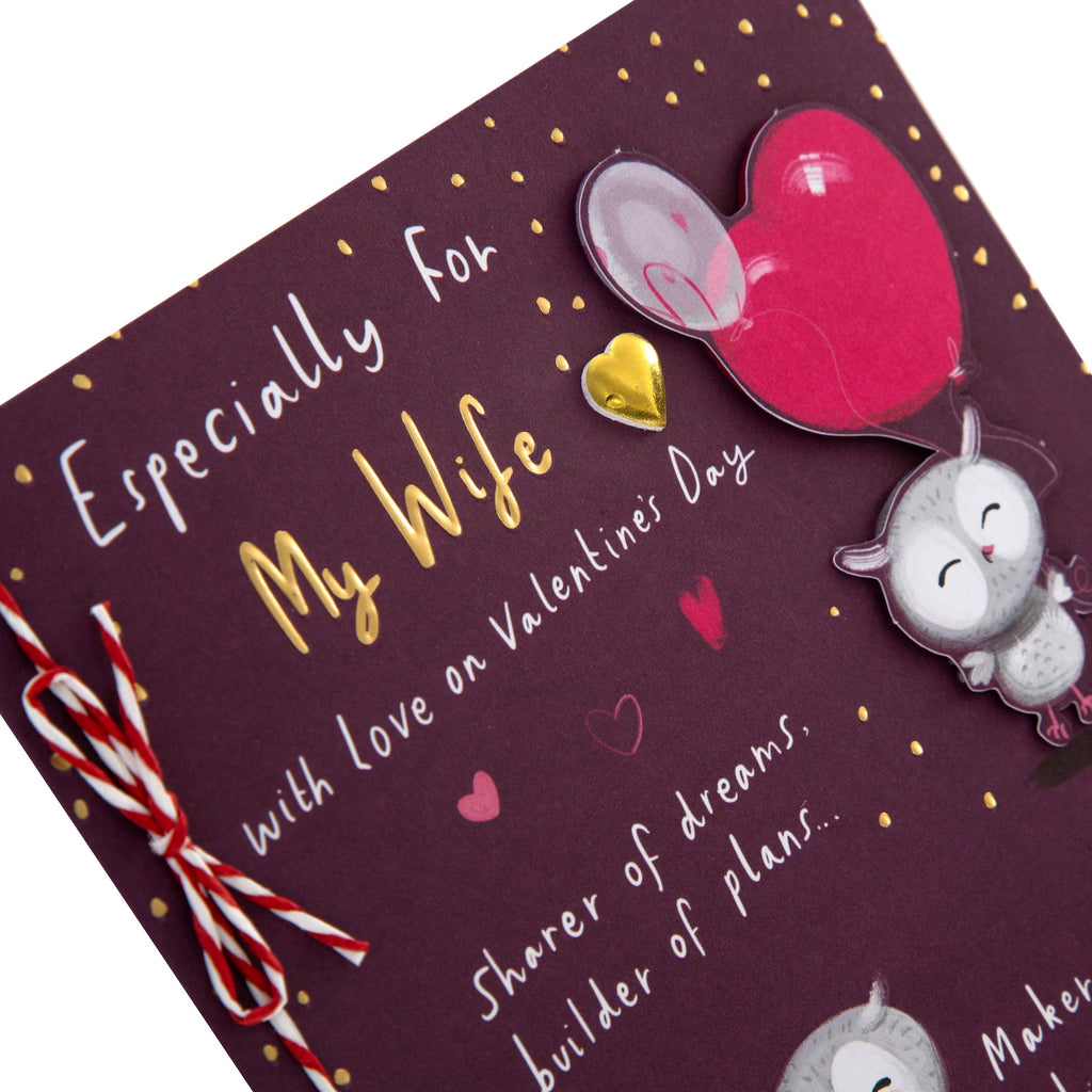 Valentine's Day Card for Wife - Cute Cartoon Owls Design with Gold Foil and 3D Add On