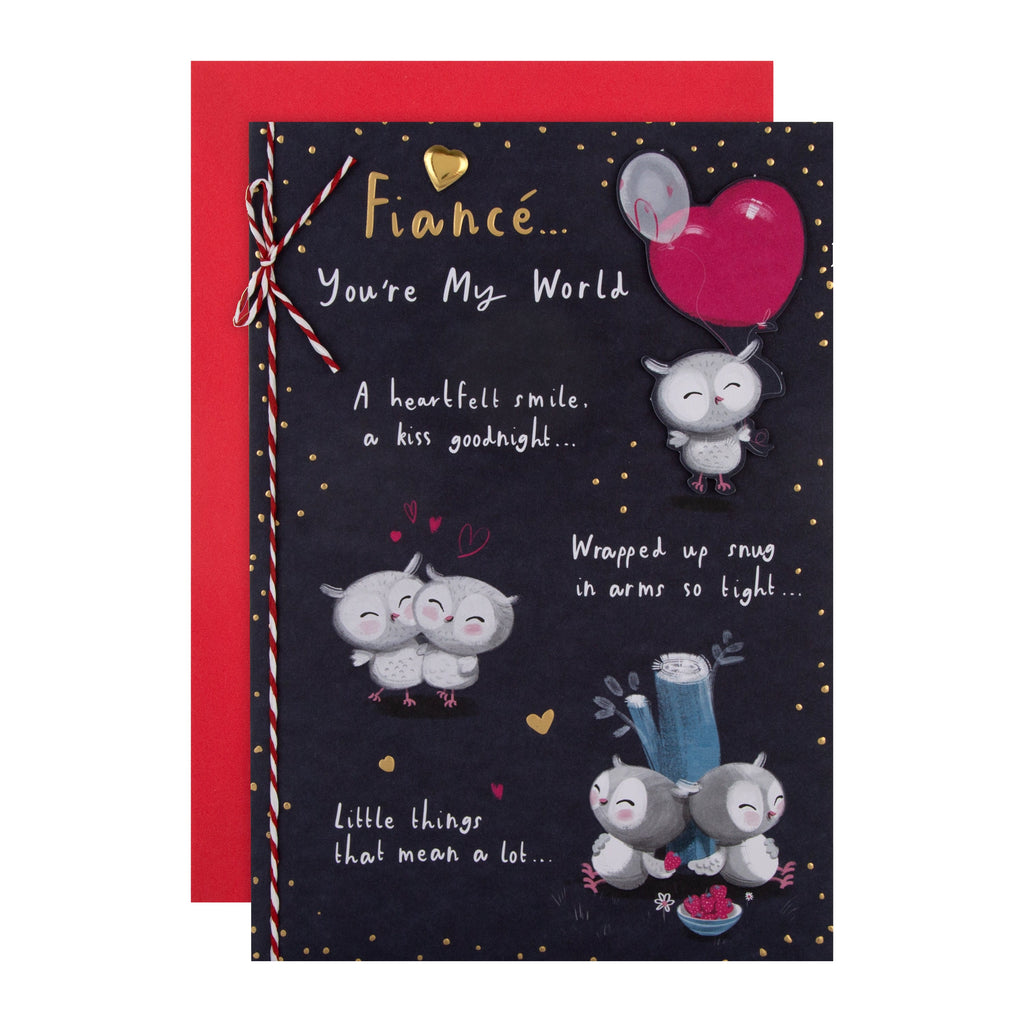 Valentine's Day Card for Fiance - Cute Cartoon Owls Design with Gold Foil and 3D Add On
