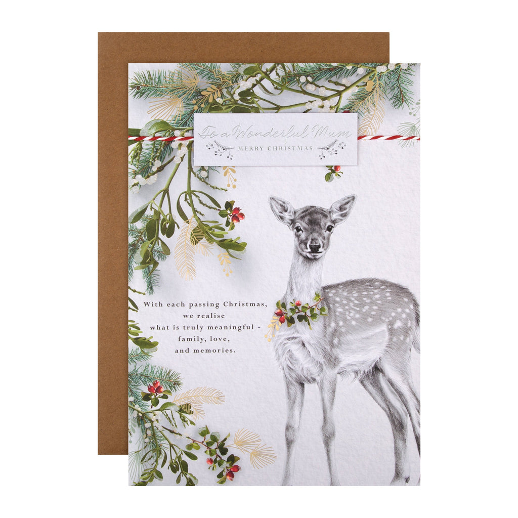 Christmas Card for Mum - Traditional Reindeer Design with 3D Add On and Gold Foil