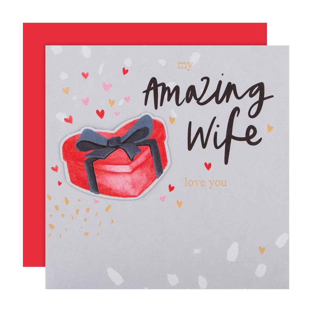 Valentine Card for Wife - Traditional Gift Box Design with 3D Add On and Gold Foil
