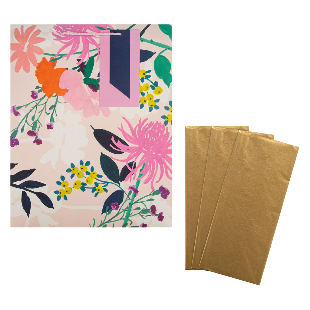 Multi Occasion Gift Wrap and Bag Bundle - 1 Large Gift Bag and 3 Gold Tissue Paper Sheets in Contemporary Designs