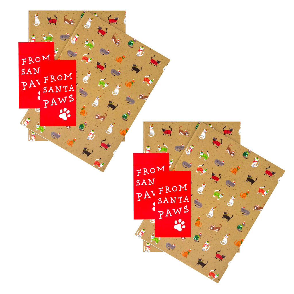 Christmas Wrapping Paper and Gift Tag Bundle for the Cat - 2 Packs of 2 Sheets and 2 Tags in 1 Design
