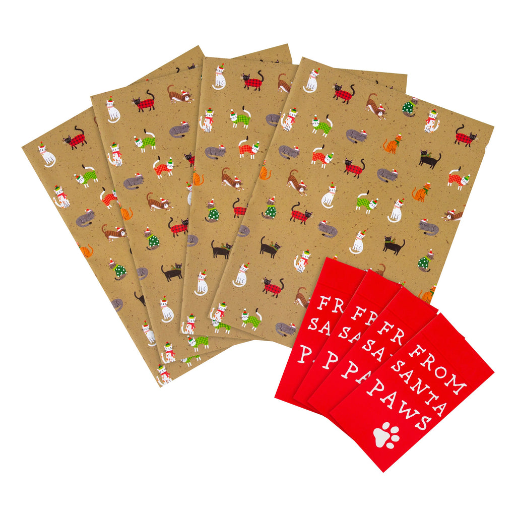 Christmas Wrapping Paper and Gift Tag Bundle for the Cat - 2 Packs of 2 Sheets and 2 Tags in 1 Design