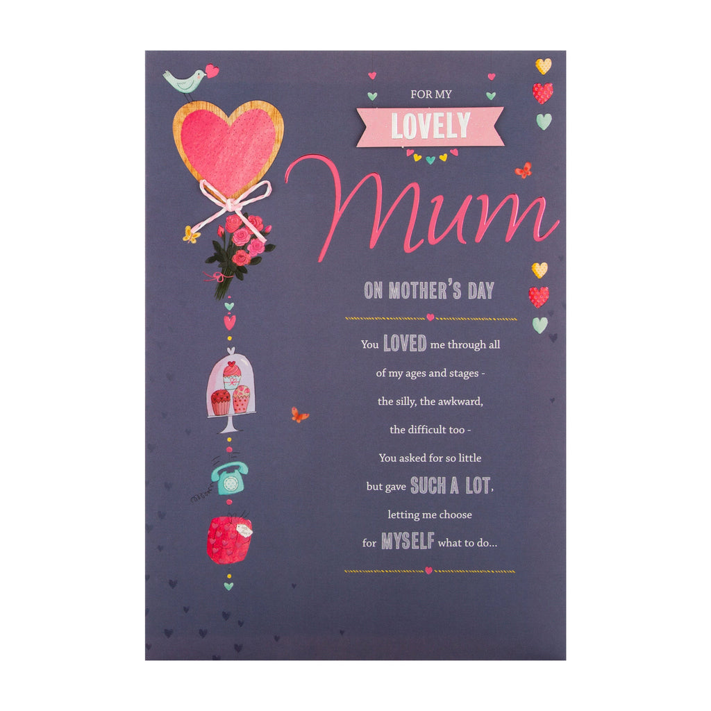 Mother's Day Card for Mum - Traditional Illustrated Verse Design with Pink and Silver Foil