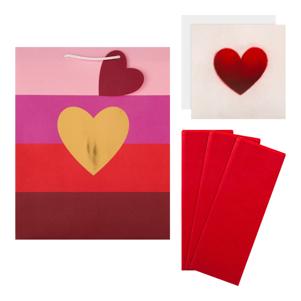 Love Heart Large Gift Pack Bundle - 1 Gift Bag, 1 Tissue Paper Sheet and 1 Blank Card in 3 Contemporary Designs
