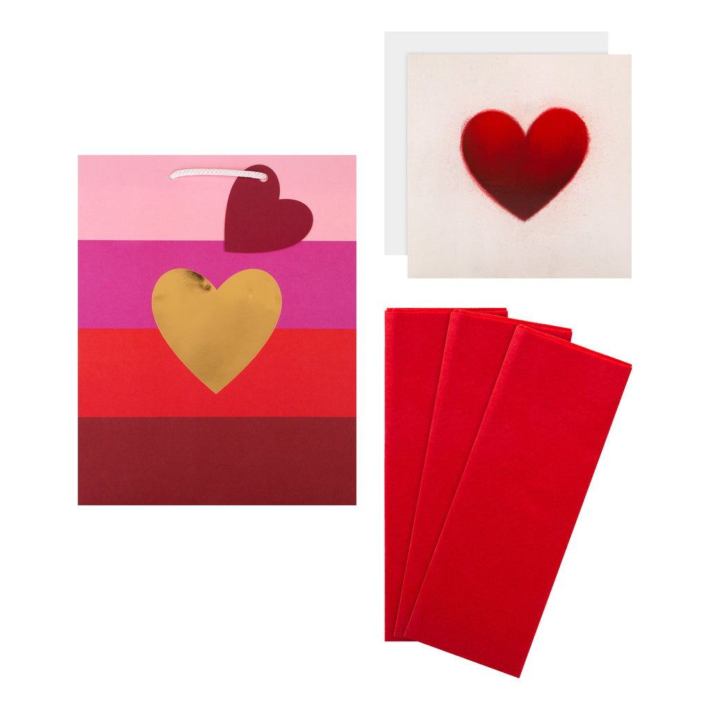 Love Heart Medium Gift Pack Bundle - 1 Gift Bag, 1 Tissue Paper Sheet and 1 Blank Card in 3 Contemporary Designs