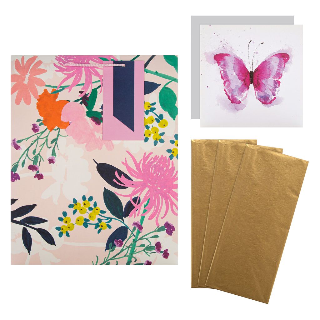 Multi Occasion Gift Wrap and Card Bundle - 1 Blank Card, 3 Gold Tissue Paper Sheets and 1 Large Gift Bag in Contemporary Designs