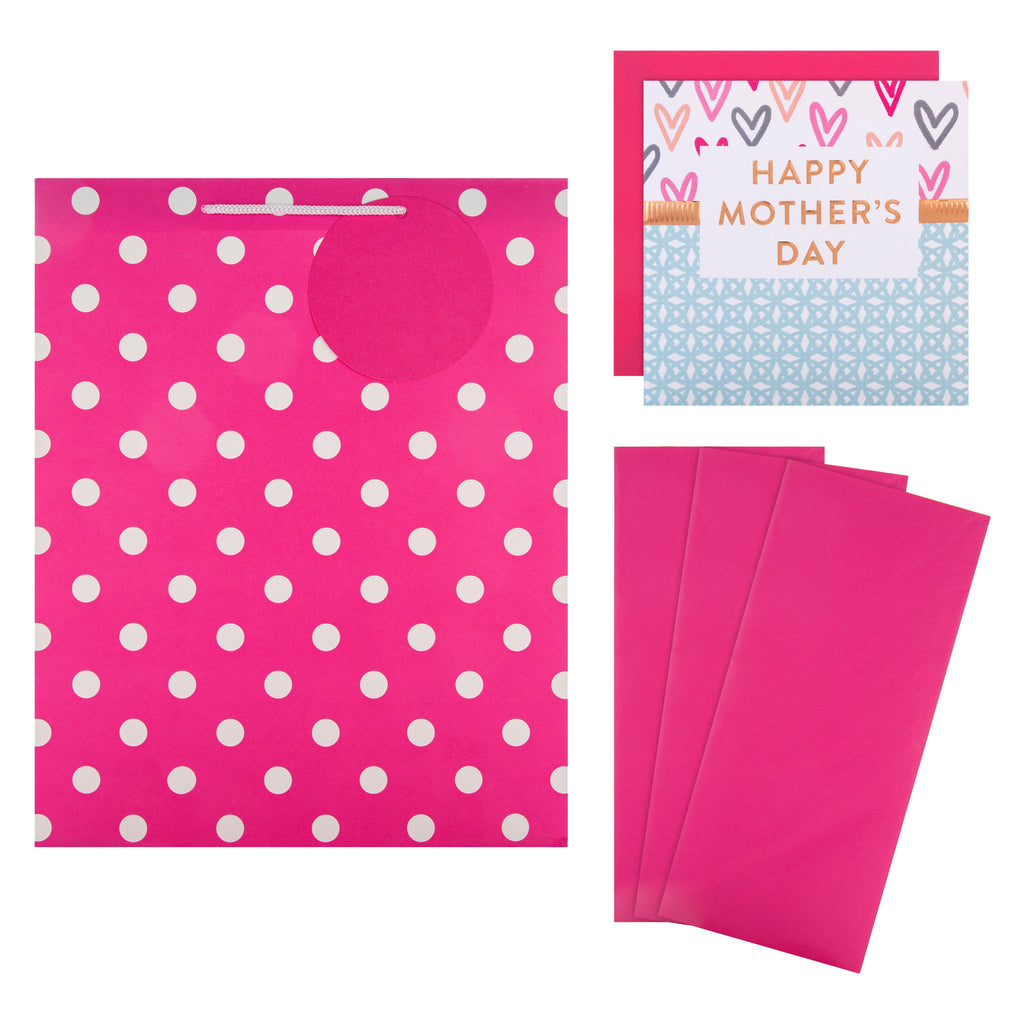 Mother's Day Gift Wrap and Card Bundle - 1 Large Gift Bag, 1 Blank Mother's Day Card and 3 Pink Tissue Paper Sheets in Contemporary Designs