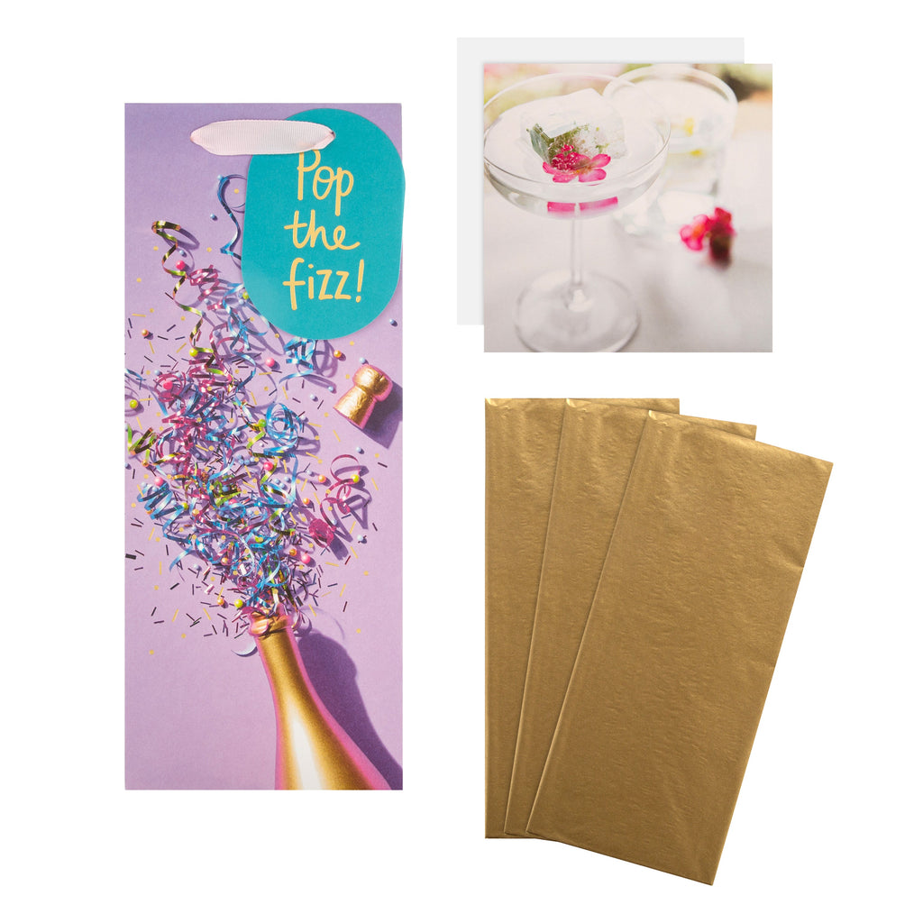 Multi Occasion Gift Wrap and Card Bundle - 1 Bottle Bag, 3 Gold Tissue Paper Sheets and 1 Blank Card in Contemporary Designs