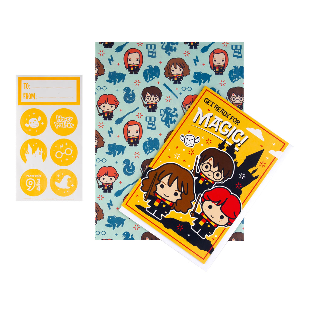 Birthday Card, Wrapping Paper and Sticker Set Pack Trio - Fun Harry Potter Design