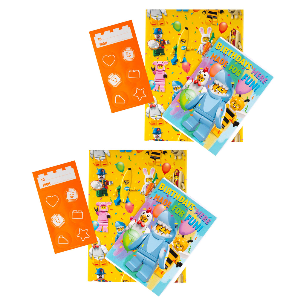 Birthday Card, Wrapping Paper and Sticker Sheet Pack Trio - Colourful Lego Design
