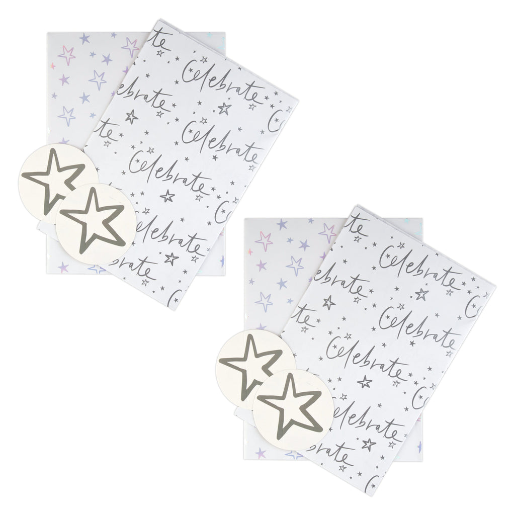 Celebration Wrapping Paper and Gift Tag Pack Duo - Silver Star Design