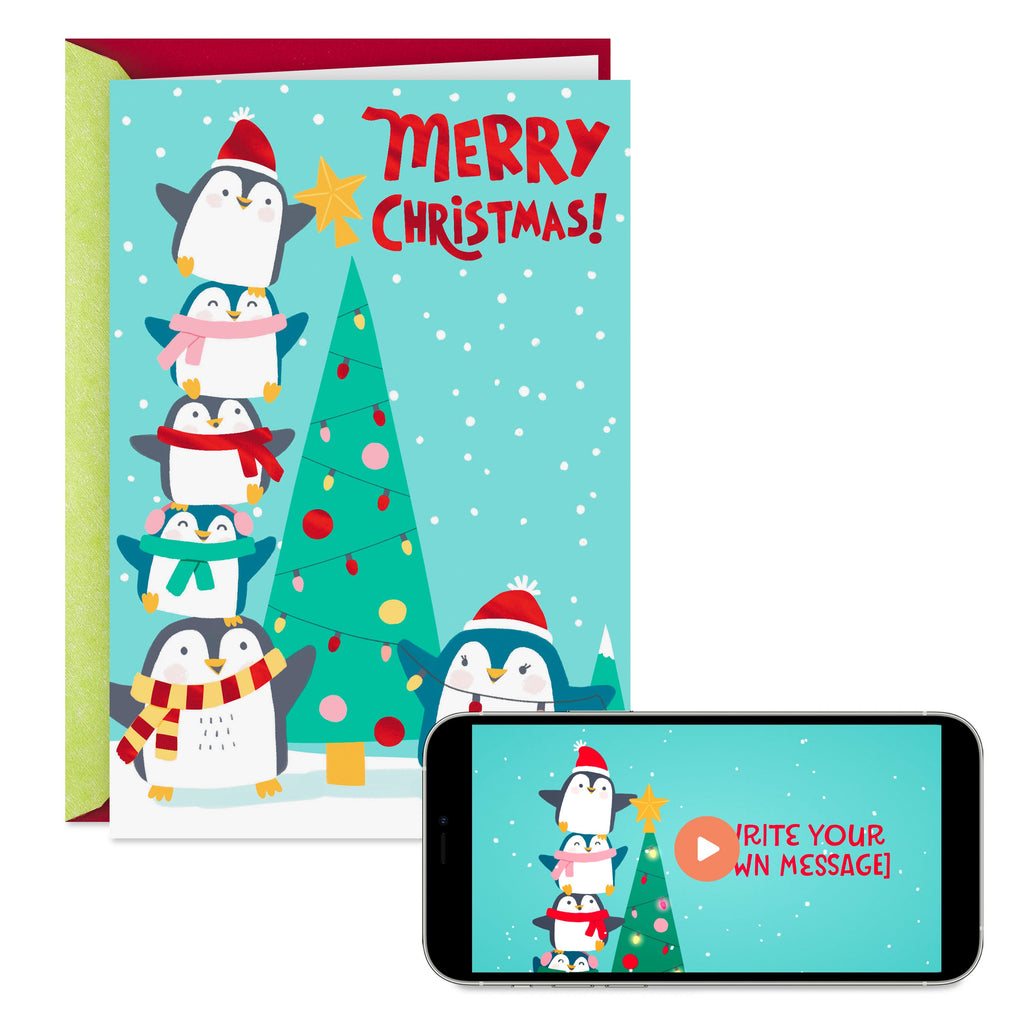 Video Greetings Christmas Card for Kids - 'Love and Hugs' Penguins Design