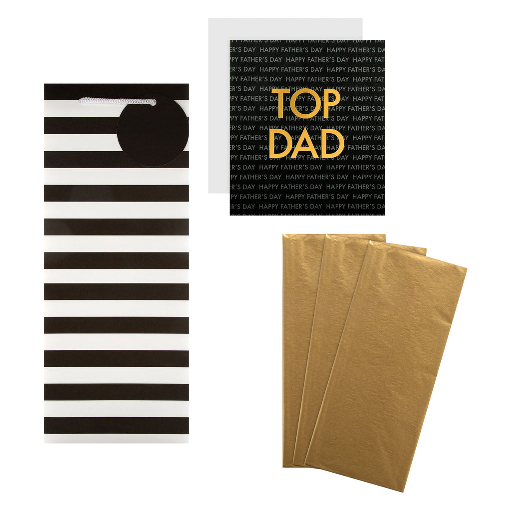 Father's Day Bottle Bag, Tissue Paper and Card Bundle - 1 Bottle Bag, 3 Gold Paper Sheets and 1 Card in 3 Bold Designs