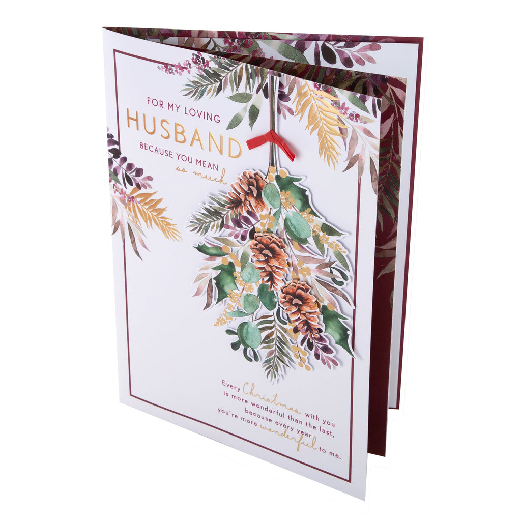 Large Luxury Boxed Christmas Card for Husband - Traditional Season Foliage Design