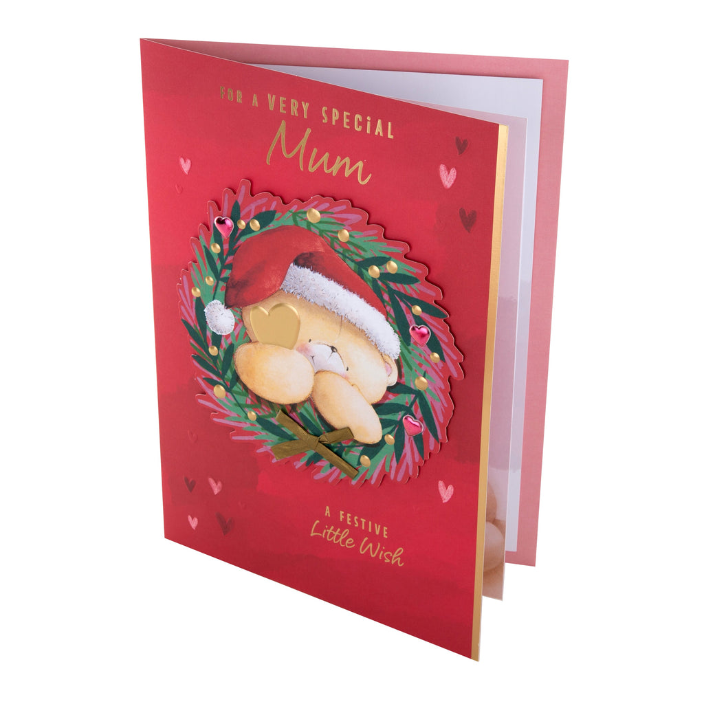 Large Luxury Boxed Christmas Card for Mum - Cute Forever Friends Bear in Wreath Design