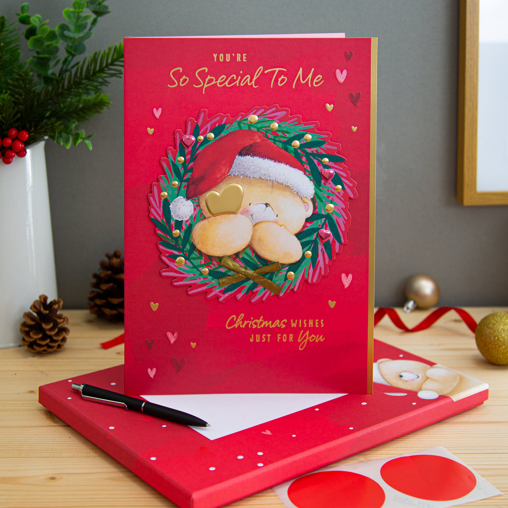 Large Luxury Boxed Christmas Card for Someone Special - Cute Forever Friends Wreath and Heart Design