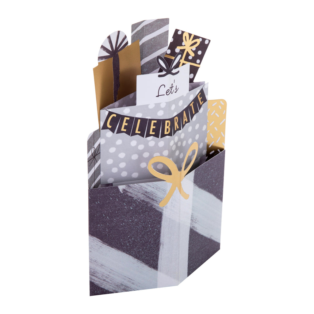 Any Occasion Celebrate Card - 3D Pop Up Grey & Gold Presents Design