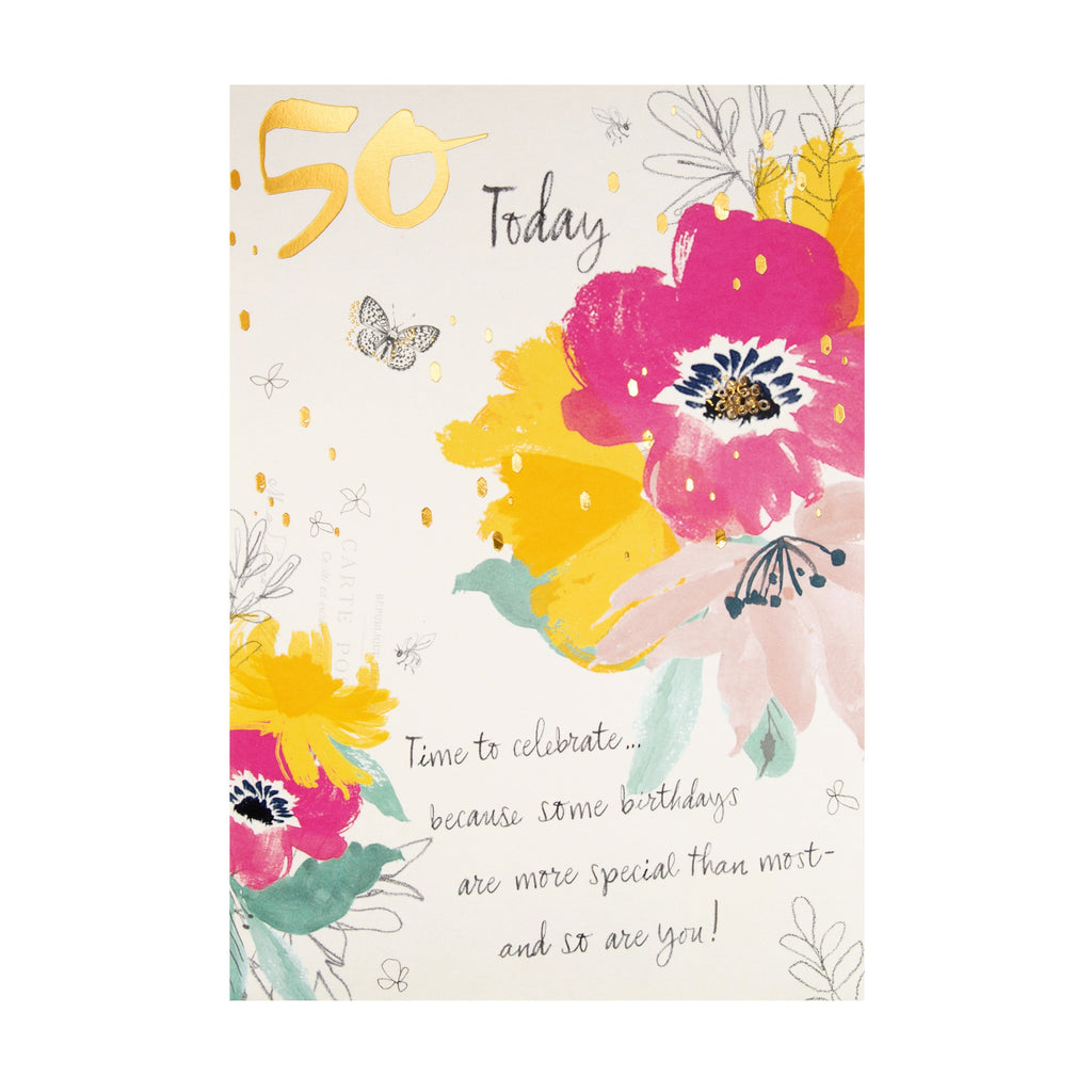 50th Birthday Card - Classic Embossed Floral Design