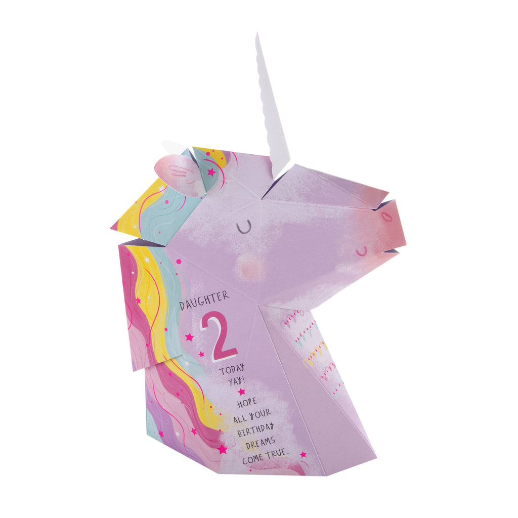 2nd Birthday Card for Daughter - Pop-up 3D Unicorn Head Design