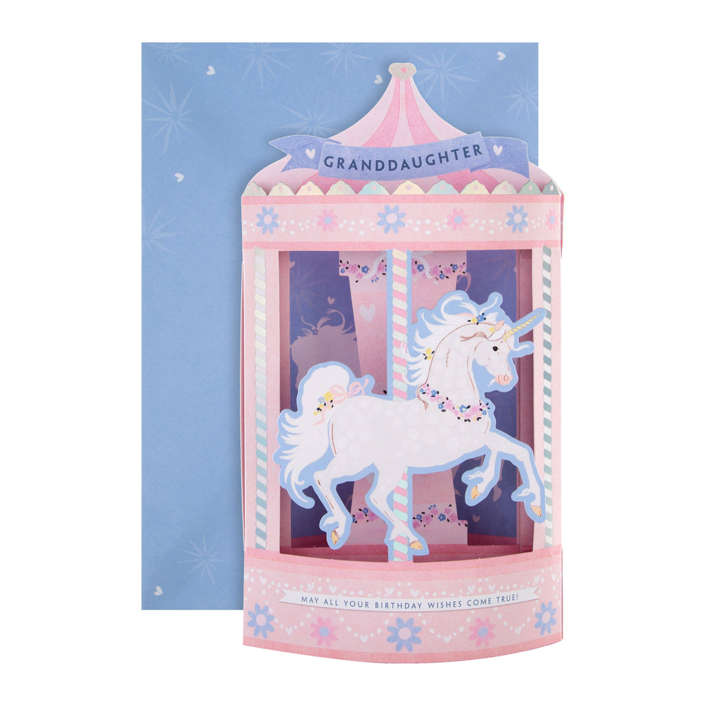 Birthday Card for Granddaughter - Cute 3D Unicorn Carousel Design