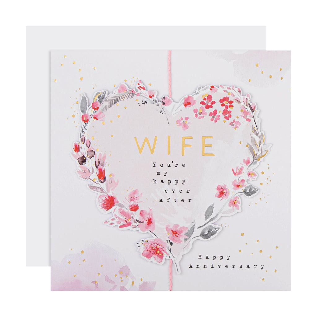 Anniversary Card for Wife - Floral Heart Border Design