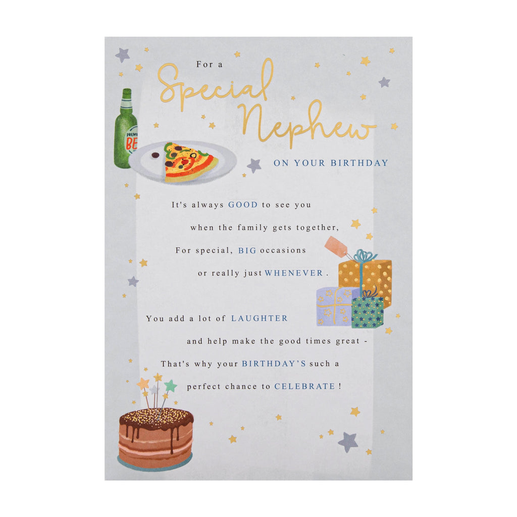Birthday Card for Nephew - Illustrative Pizza & Gifts Design