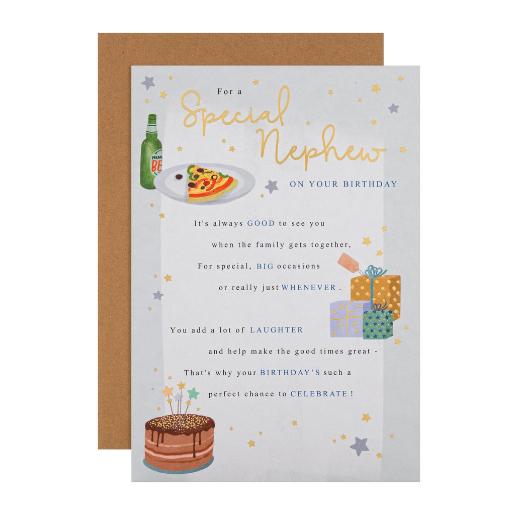 Birthday Card for Nephew - Illustrative Pizza & Gifts Design